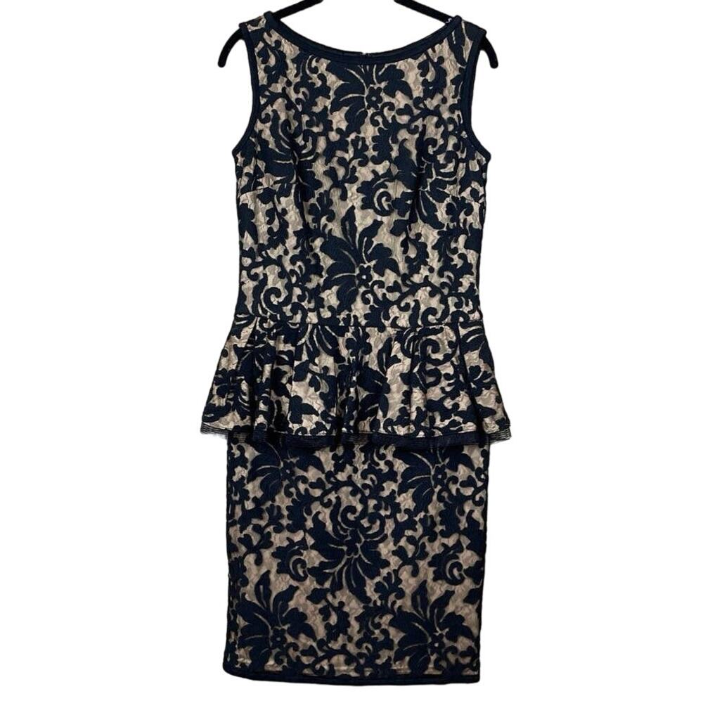 Tadashi Shoji Sleeveless Peplum Sheath Dress Black Lace Tan Lining Size 4